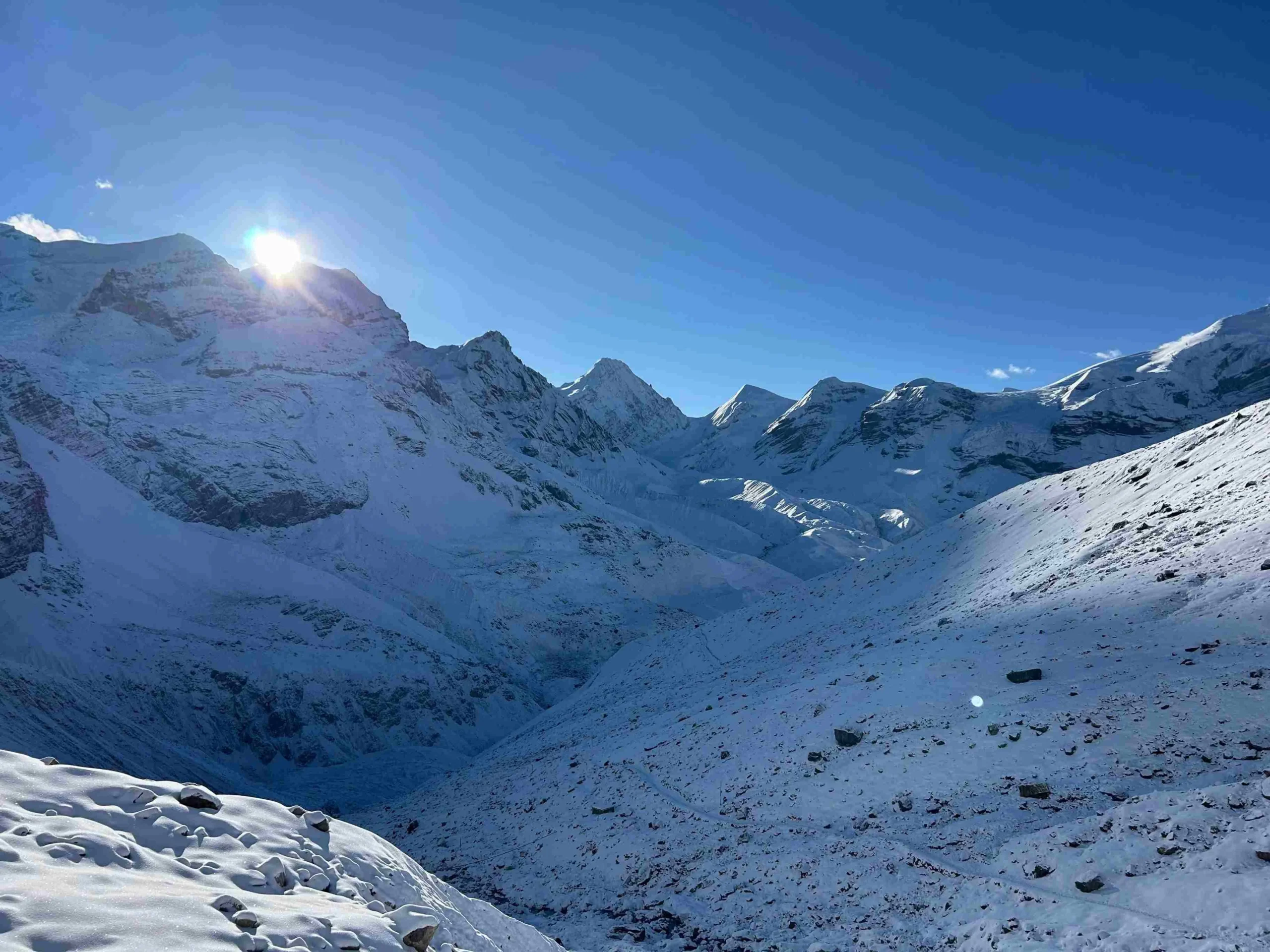 Sunrise over snow-covered peaks on the Annapurna Circuit route near Manang