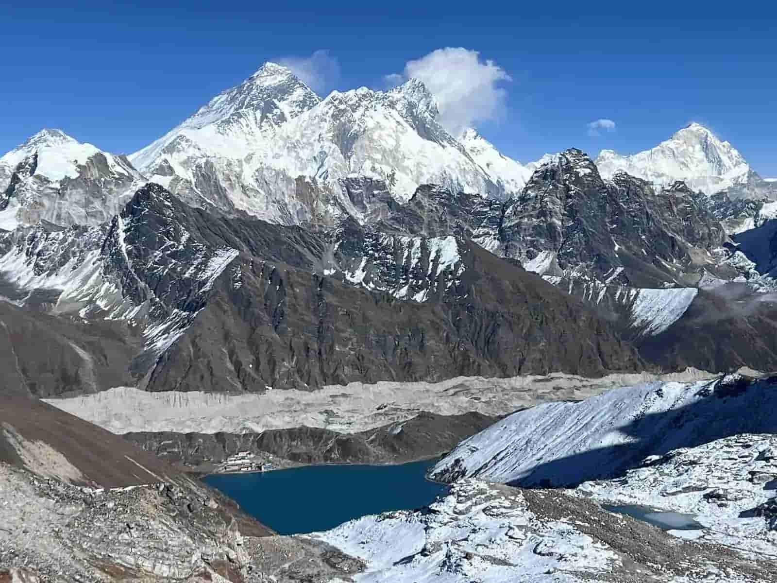 Snow-covered Himalayan peaks above a turquoise lake in the Everest region of Nepal